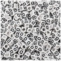 BeadTin White Opaque 6mm Cube Plastic Alphabet Beads- Black Letter D (80... - $2.09