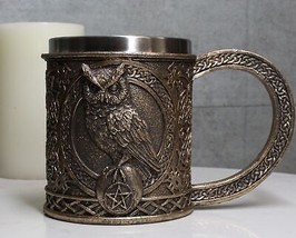 Celtic Knot Wicca Wise Great Horned Owl Perching On Pentagram Star Coffee Mug - £21.88 GBP