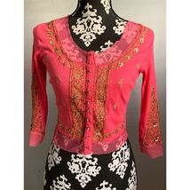 Basil &amp; Maude XS Pink Embroidered Cardigan Gold Details Sparkling Buttonsi - $14.85
