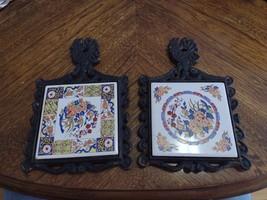 TWO Vintage Trivet Cast Iron Ceramic Tile Hot Plate Plates Made in Taiwan - £15.01 GBP