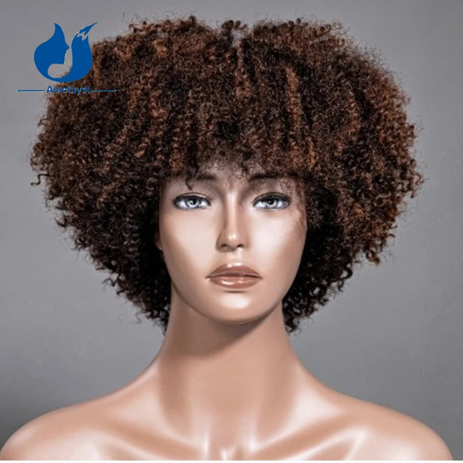 Amethyst Brown Afro Kinky Curly Wigs for Black Women Human Hair Coily O Scalp - £105.16 GBP+