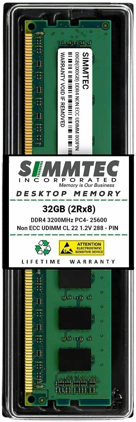 Primary image for Simmtec RAM 32GB DDR4 3200MHz DIMM PC4-25600 UDIMM Non-ECC CL22 2Rx8 1.2V 288