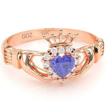 Claddagh Tanzanite Diamond Ring In Solid 14k Rose Gold - £558.74 GBP