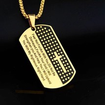 Gold Bible Verse Dog Tag Cross Pendant Necklace Lord&#39;s Prayer Jewelry Chain 24&quot; - £8.87 GBP