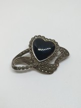 Vintage Sterling Silver 925 Black Onyx Marcasite Heart Brooch - £26.13 GBP