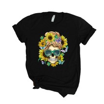 Sunflower Skull Messy Bun Short Sleeve Shirt - $29.95