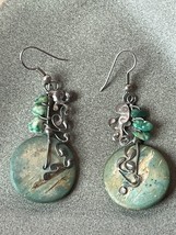 Unique Faux Turquoise Disk w Silvertone Curlicue &amp; Nugget Bead Dangle Earrings - $14.89