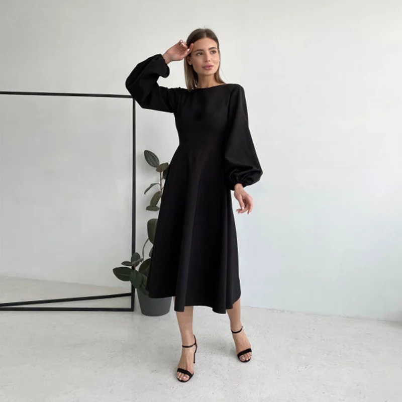 CHURSES  Backless Midi Dress Lantern Sleeve O-Neck Autumn Folds A-Line Fashion P - $90.06