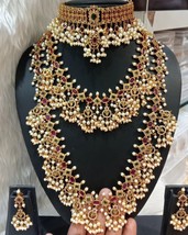 Estilo Bollywood Indio Oro Chapado Circonita Cúbica Juego De 3 Collar Haram Rubí - £141.97 GBP