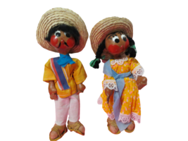 Vintage 11&quot;T Leather Wrapped Mexican Dolls Folk Art Dressed Set Of 2 - $15.84