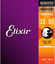 Elixir 16052 Strings Light Nanoweb Acoustic Guitar Strings With Phosphor... - £31.59 GBP