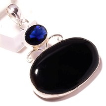 Natural Cabochon Black Onyx, Iolite Gemstone 925 Silver Overlay Handmade Pendant - £9.55 GBP