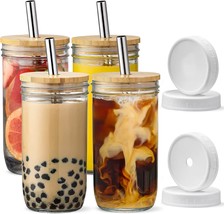 [ 4 Pack ] Glass Cups Set - 24oz Mason Jar Drinking Glasses w Bamboo Lids, Juice - £26.53 GBP