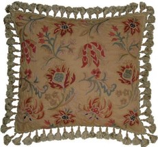 Hand-Embroidered Throw Pillow 21x21 Folk Art Flowers Leaves Red,Blue,Tan - £256.38 GBP