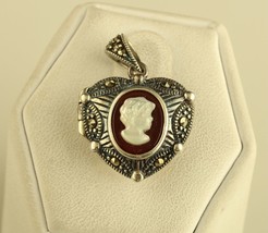Vtg Sterling Silver Cameo Heart Mother Pearl &amp; Marcasite Locket Pendant - £39.10 GBP