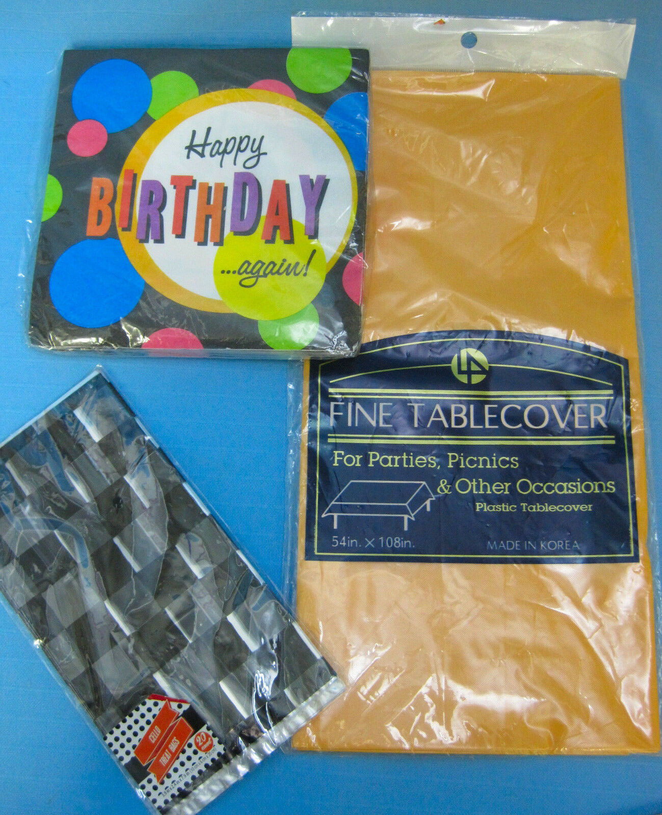 Happy Birthday Again Party Treat-Bags Napkins Table-Cover Lot of 3 Black Gold - £10.35 GBP
