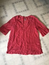 Old navy Tunic Cotton Bl Coral Split Neck Tunic Popover 3/4 ruffled sleeve Large - £21.46 GBP