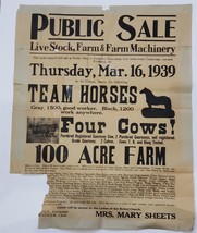 1939 antique PUBLIC SALE franklin township pa BROADSIDE Mrs Mary SHEETS ... - £97.27 GBP