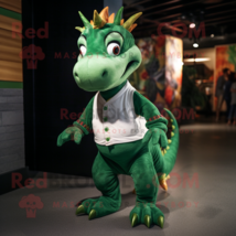 Green Dragon mascot costume character dressed with a Henley Shirt and Shoe laces - $1,209.00