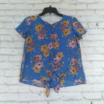 Pink Rose Womens Blouse Small Blue Floral Tie Front Keyhole Top - £9.90 GBP