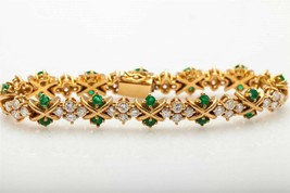 14Ct Round Cut Emerald &amp; VVS1 Diamond Tennis Bracelet 14K Yellow Gold Over - £145.49 GBP