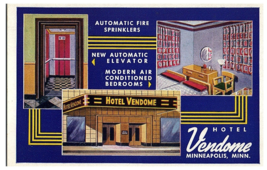 Vendome Hotel Minneapolis MN Art Deco Automatic Sprinklers Elevators Postcard - £7.87 GBP
