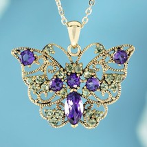 Natural Amethyst and Peridot Vintage Style Butterfly Pendant in Solid 9K Gold - £759.38 GBP