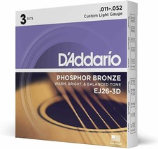 D&#39;Addario EJ26-3D Acoustic Guitar Strings 3 sets EJ26 Phosphor Bronze 11-52 - £34.36 GBP