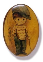 Vintage Signed Fran Mar 1970 Broch Boy With Hat Gold Tone Oval - $13.86