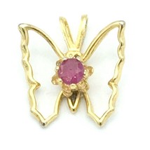 10K RUBY butterfly pendant - delicate yellow gold pink gemstone July birthstone - £60.33 GBP