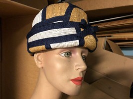 Vintage Art Deco Womens Fashion Hat Millinery Salon Mr. Phil New York Blue Tan  - £47.03 GBP