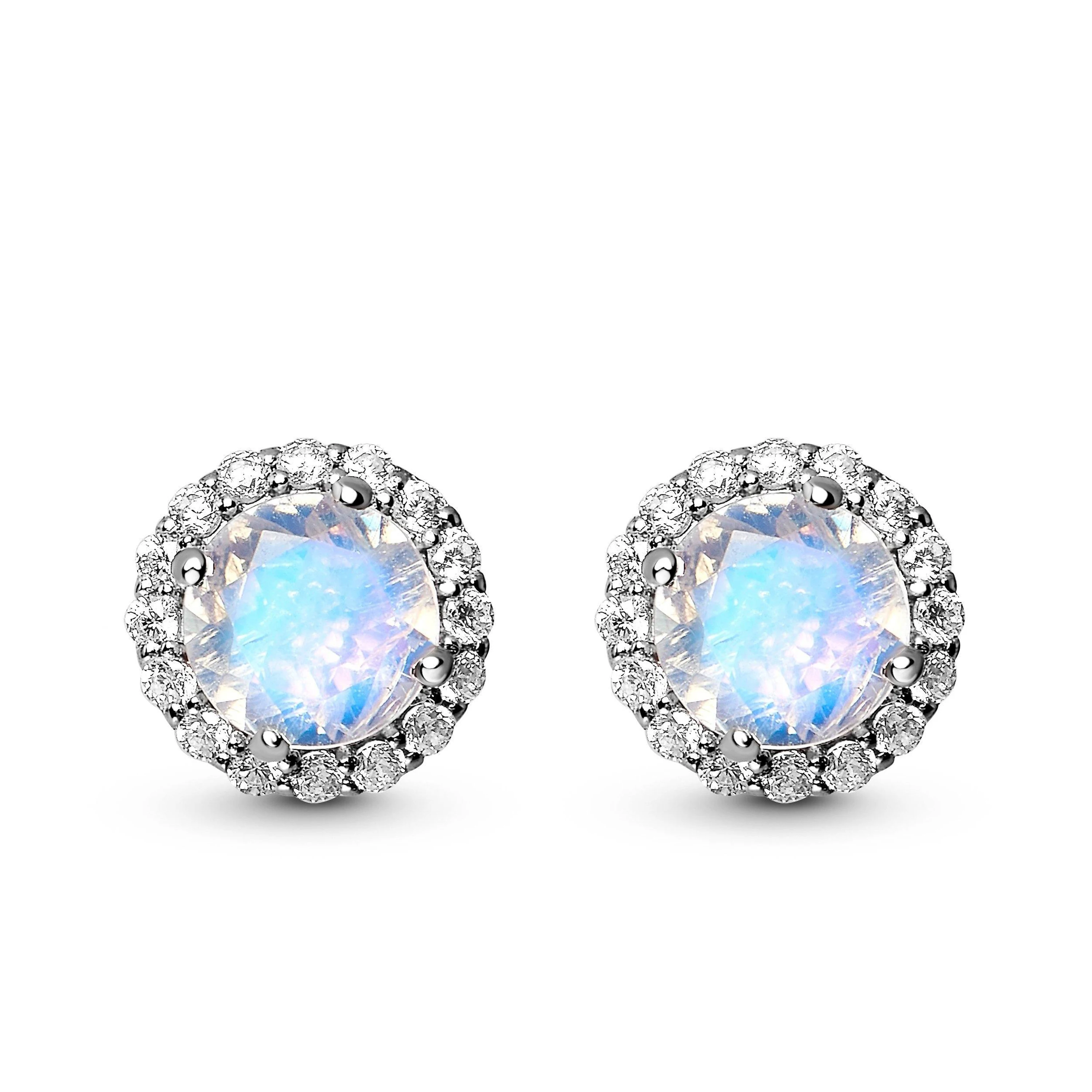 Rainbow Blue Natural Moonstone Earrings 925 Sterling Silver Halo Women&#39;s Stud Ea - £56.32 GBP