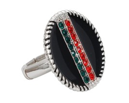 Women's Round Red Green Rhinestone Black Epoxy Silver Stretch Fashion Ring - £23.50 GBP
