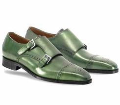 Monks Green Double Buckle Strap Brouging Premium Quality Men&#39;s Leather Shoes - £119.61 GBP+