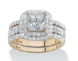 Princess Cz Halo Bridal 3 Gp Ring Set Band 14K Gold Sterling Silver 6 7 8 9 10 - £159.83 GBP