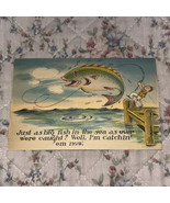 Postcard Humor Fish Story Man Catching Giant Fish Vtg Linen D4 - $7.49
