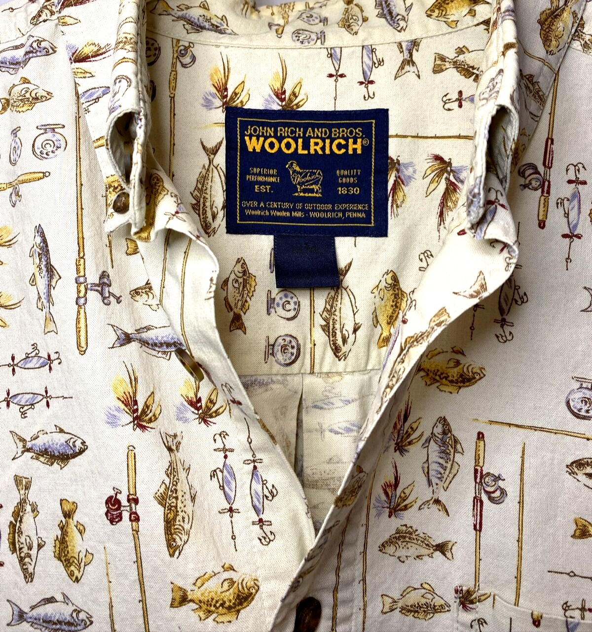 Primary image for Woolrich Shirt Fly Fishing All Over Print Button Up Mens XL Tan Vintage Outdoor
