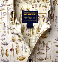 Woolrich Shirt Fly Fishing All Over Print Button Up Mens XL Tan Vintage Outdoor - £27.17 GBP