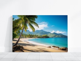 Tropical Beach Painting, Beach Paradise Art Palm Trees Mountain Landscape Island - £19.55 GBP+