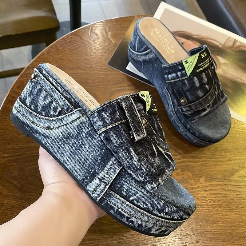 Summer Women Sandals Wedges Peep Toe Denim Platform Slides Shoes Thick Bottom - £30.56 GBP+