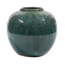 Vintage Dark Green Carved Jar Round - £85.26 GBP