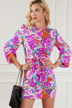 Purple Floral Keyhole Back Long Sleeve Belted Dress - $15.62