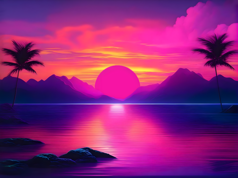 Sunset Ocean Palm Trees Clouds Landscape Colorful Vaporwave 1980s 1990s ... - $26.99