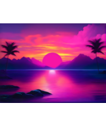 Sunset Ocean Palm Trees Clouds Landscape Colorful Vaporwave 1980s 1990s ... - €23,15 EUR