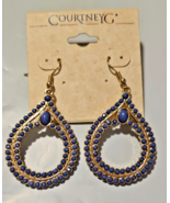 Courtney G. French Wire Dangle Earrings Gold Tone W Dark Blue Encrusted ... - $262.36 MXN