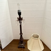 Vintage Palm Tree Brown Metal Lamp Glass Prisms Footed Shade Tall Slende... - $48.99