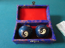 Chinese Dacige Baoding Balls Hand Chimes in blue  Tapestry box, new orig... - $38.60