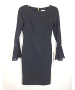 NWT Calvin Klein Size 2 Black Sheath Knee Length Ruffle Trim Logo Zipper... - $25.60