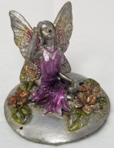 Fairy Figurine Pewter Sparkle Glitter Wings Purple Dress Vtg - $18.95