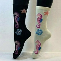 2 PAIRS Foozys Women&#39;s Socks, SEAHORSE Print, Off-White, Black, NEW - $8.99